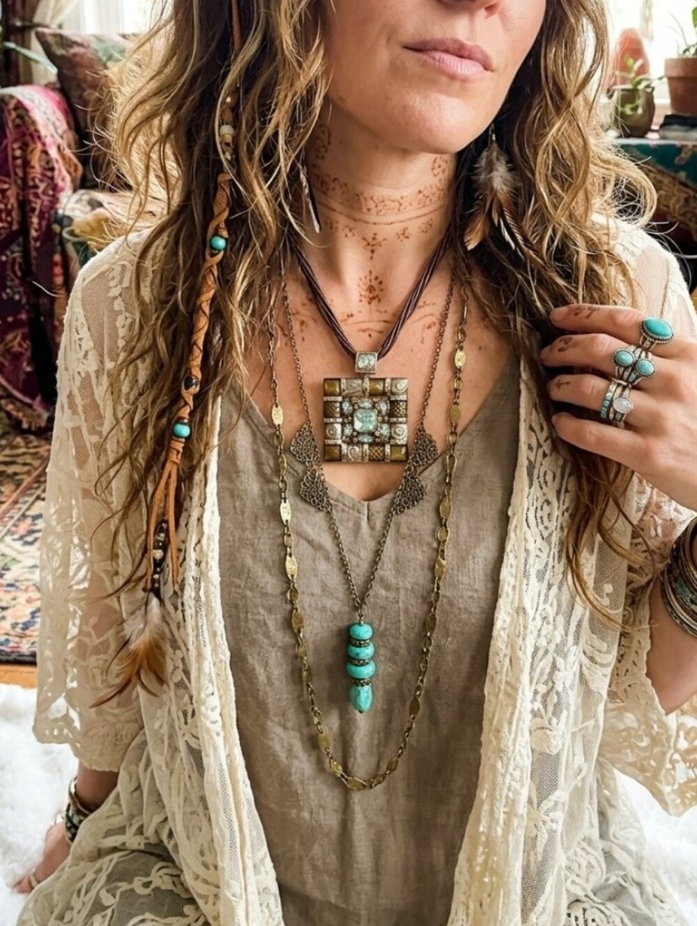 Brown and Gold Statement Pendant Necklace with Iridescent Accents Boho Western